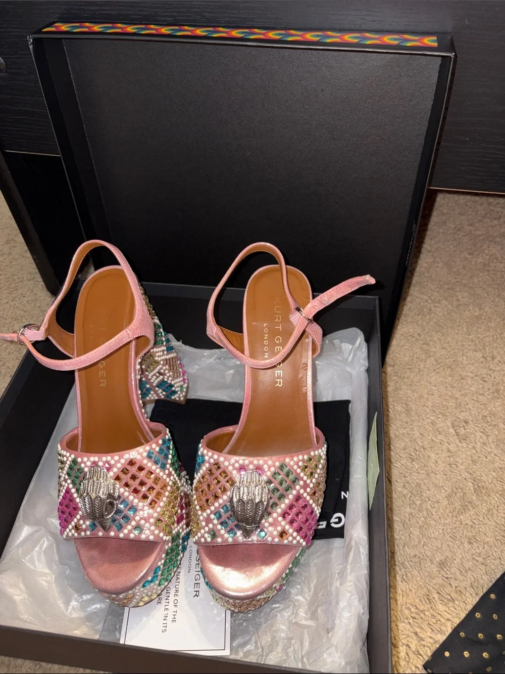 Kurt Geiger Pink Multicolor Crystal Embellished Platform Sandals